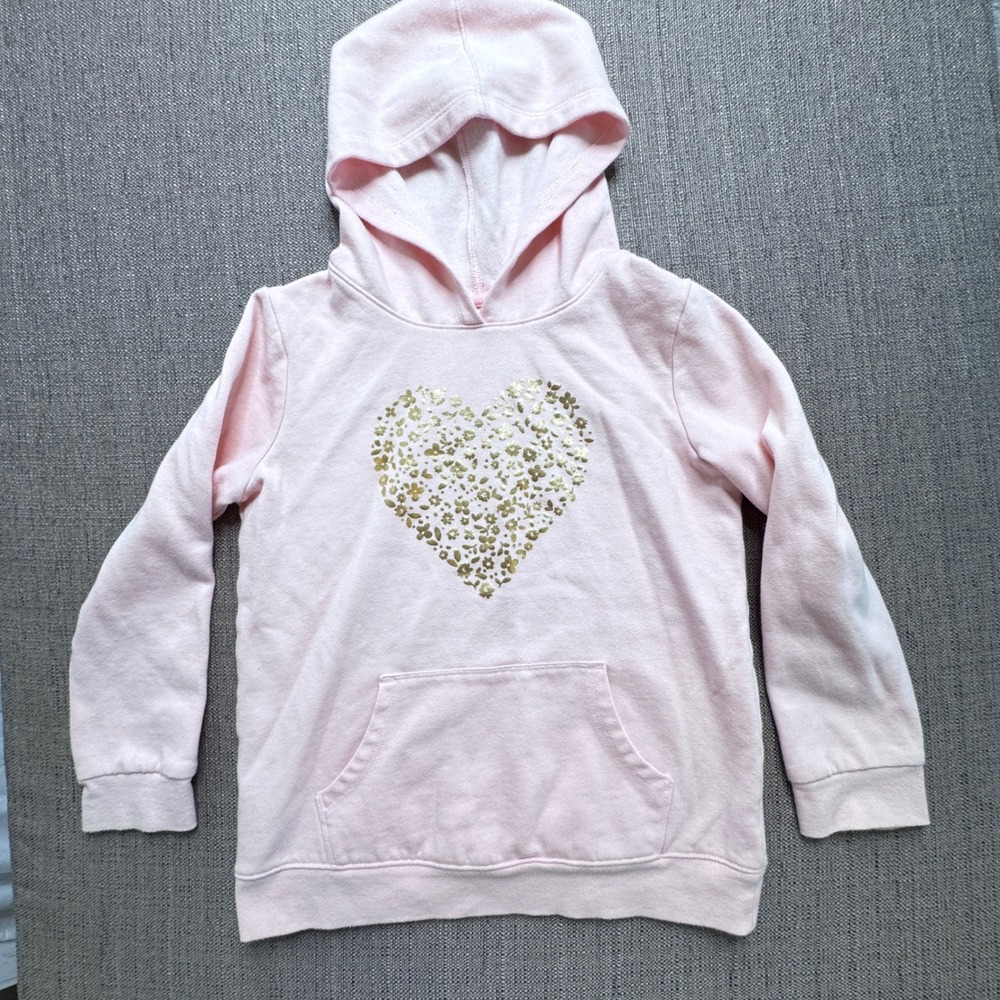Cat & Jack Girls Pink Gold Foil Floral Heart Pullover Hoodie Sweatshirt L 10/12